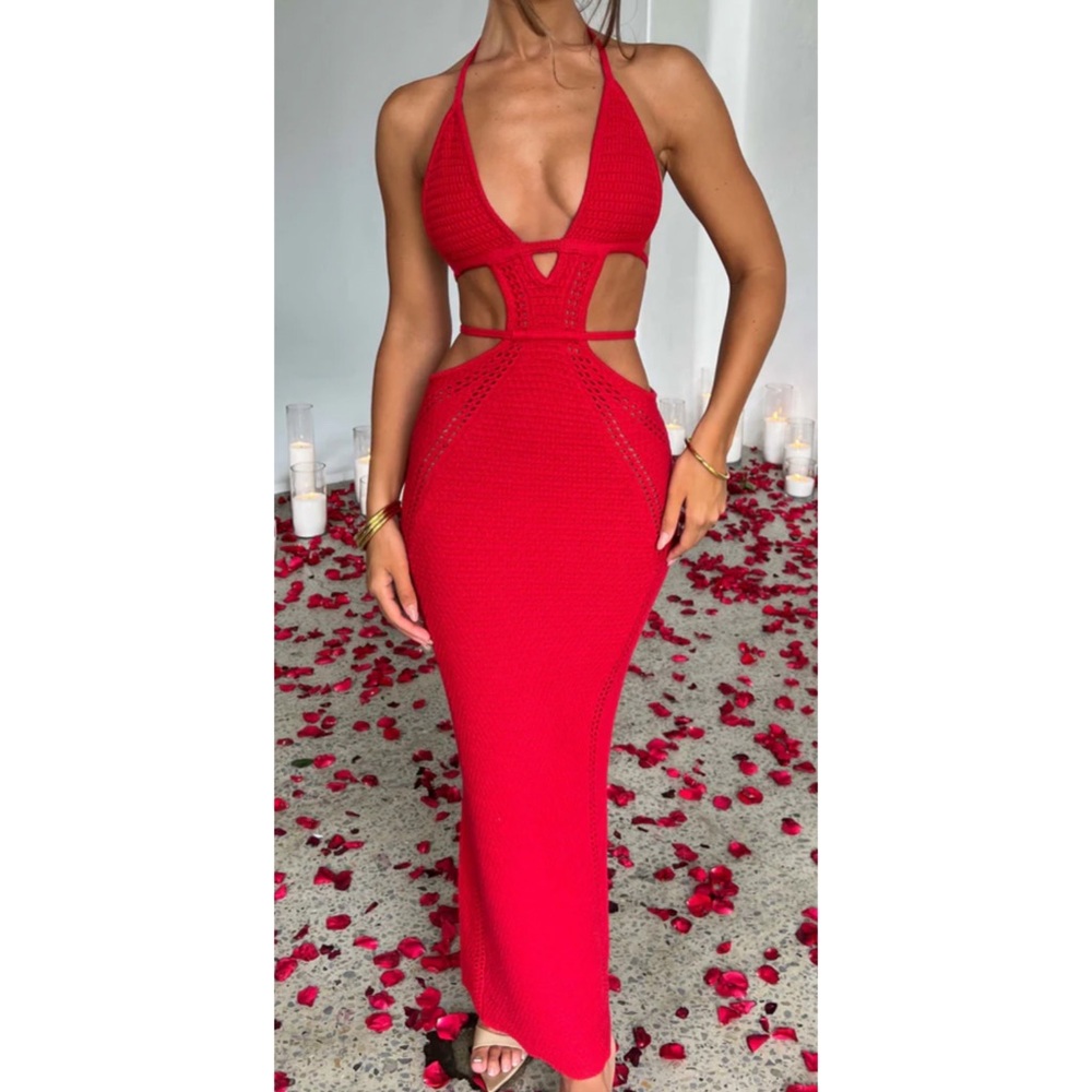 Red Crochet Halter Dress